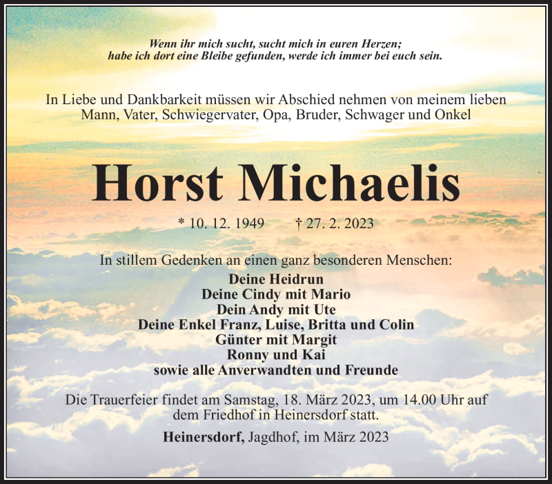  Traueranzeige für Horst Michalis vom 11.03.2023 aus Südthüringer Presse