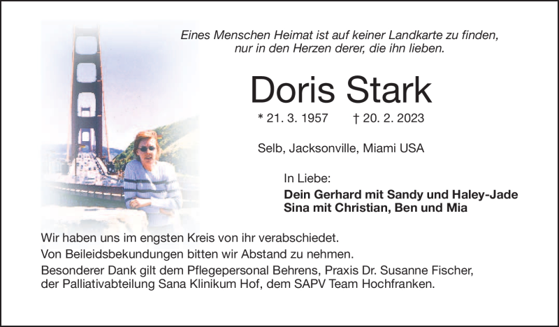  Traueranzeige für Doris Stark vom 18.03.2023 aus Frankenpost