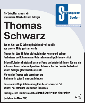 Traueranzeige von Thomas Schwarz von Südthüringer Presse