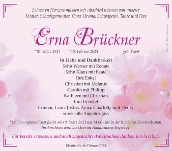 Traueranzeige von Erna Brückner von Südthüringer Presse