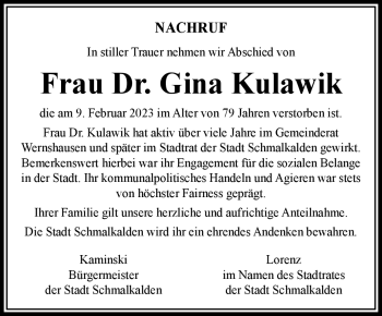 Traueranzeige von Dr. Gina Kulawik von Südthüringer Presse