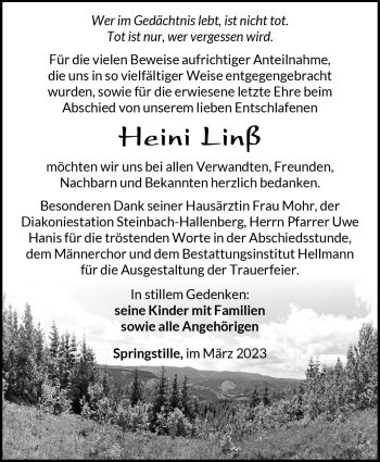 Traueranzeige von Heini Linß von Südthüringer Presse