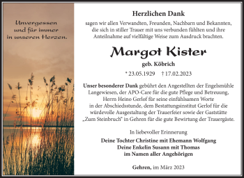 Traueranzeige von Margot Kister von Südthüringer Presse