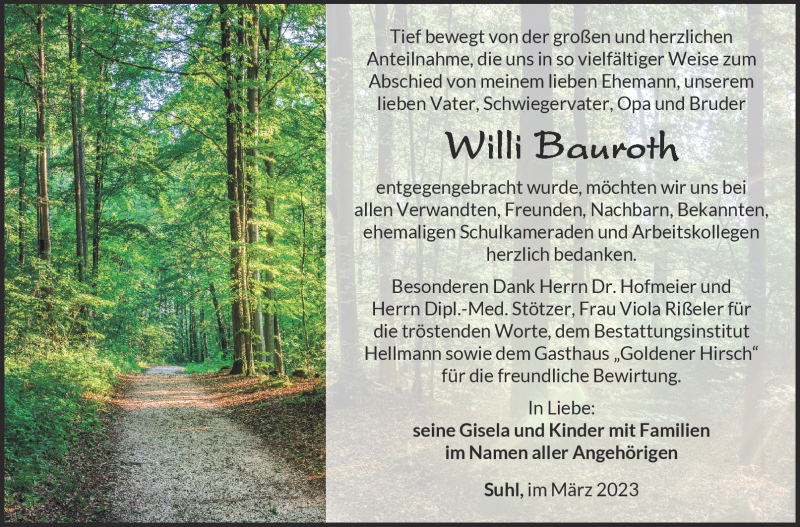  Traueranzeige für Willi Bauroth vom 04.03.2023 aus Südthüringer Presse