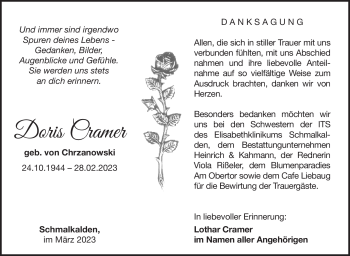 Traueranzeige von Doris Cramer von Südthüringer Presse