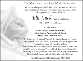 Traueranzeige von Elli Luck von Südthüringer Presse