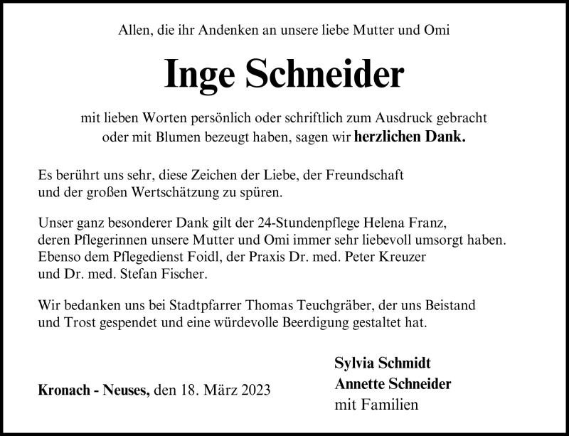  Traueranzeige für Inge Schneider vom 18.03.2023 aus Neue Presse Coburg