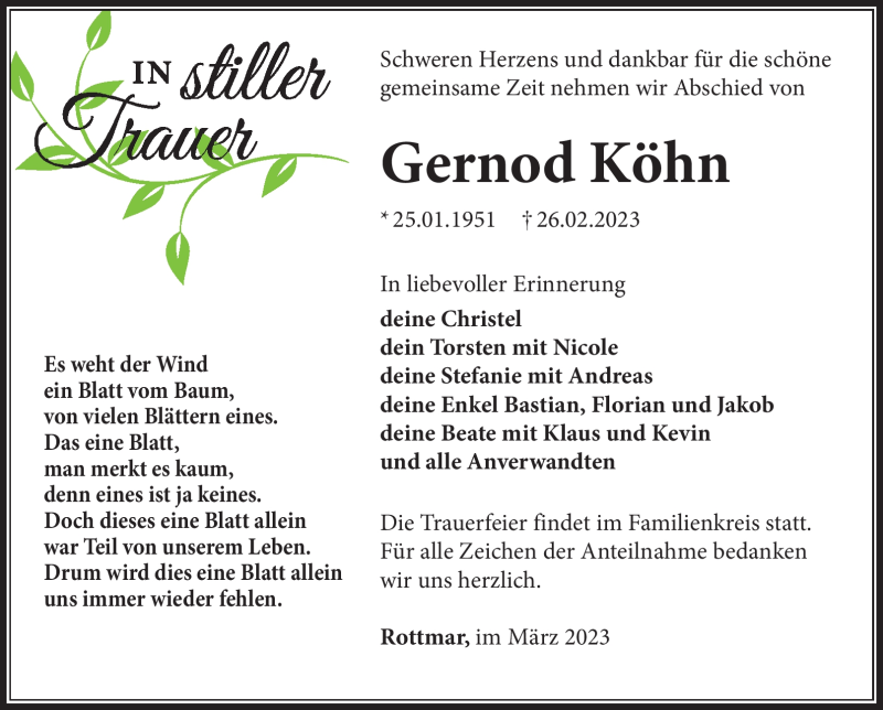  Traueranzeige für Gernod Köhn vom 11.03.2023 aus Südthüringer Presse