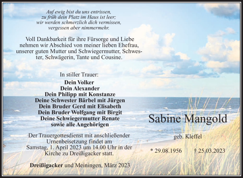  Traueranzeige für Sabine Mangold vom 30.03.2023 aus Südthüringer Presse