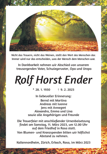 Traueranzeige von Rolf Horst Ender von Südthüringer Presse