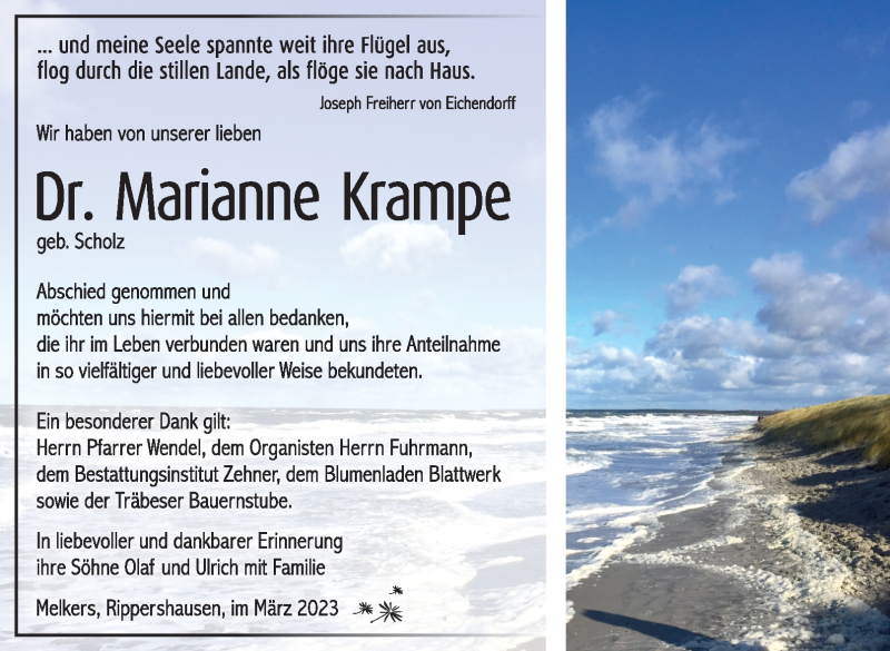  Traueranzeige für Marianne Krampe vom 25.03.2023 aus Südthüringer Presse