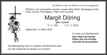 Traueranzeige von Margit Döring von Frankenpost