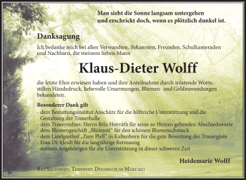 Traueranzeige von Klaus-Dieter Wolff von Südthüringer Presse