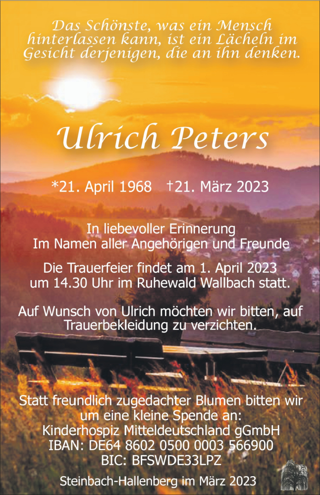  Traueranzeige für Ulrich Peters vom 30.03.2023 aus Südthüringer Presse