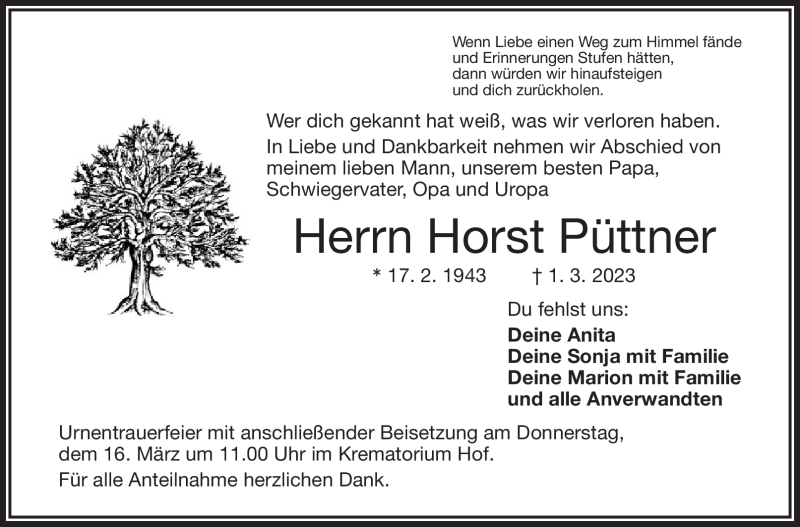 Traueranzeige für Horst Püttner vom 11.03.2023 aus Frankenpost