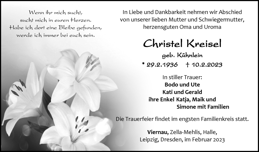  Traueranzeige für Christel Kreisel vom 25.02.2023 aus Südthüringer Presse