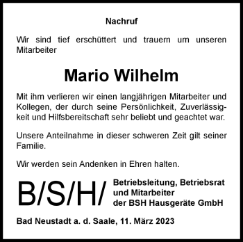 Traueranzeige von Mario Wilhelm von Südthüringer Presse