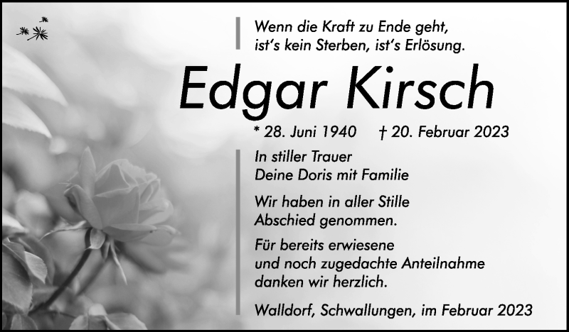  Traueranzeige für Edgar Kirsch vom 04.03.2023 aus Südthüringer Presse