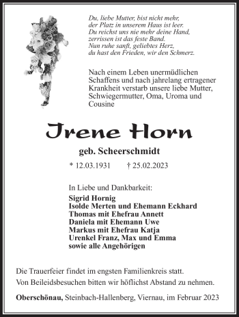 Traueranzeige von Irene Horn von Südthüringer Presse