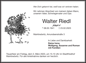 Traueranzeige von Walter Riedl von Frankenpost