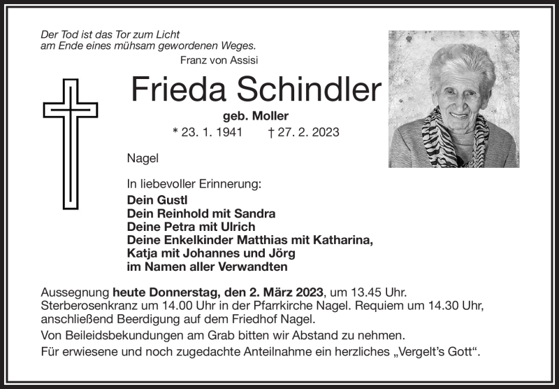  Traueranzeige für Frieda Schindler vom 02.03.2023 aus Frankenpost