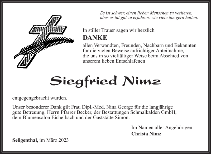  Traueranzeige für Siegfried Nimz vom 18.03.2023 aus Südthüringer Presse