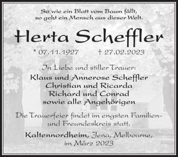 Traueranzeige von Herta Scheffler von Südthüringer Presse