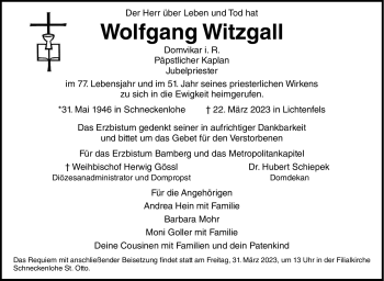 Traueranzeige von Wolfgang Witzgall von Neue Presse Coburg