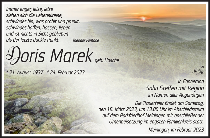  Traueranzeige für Doris Marek vom 11.03.2023 aus Südthüringer Presse