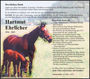 Traueranzeige von Hartmut Ehrlicher von Südthüringer Presse