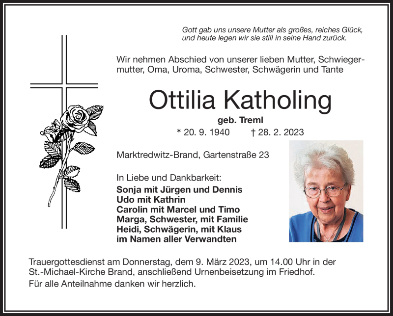  Traueranzeige für Ottilia Katholing vom 04.03.2023 aus Frankenpost
