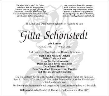Traueranzeige von Gitta Schönstedt von Südthüringer Presse