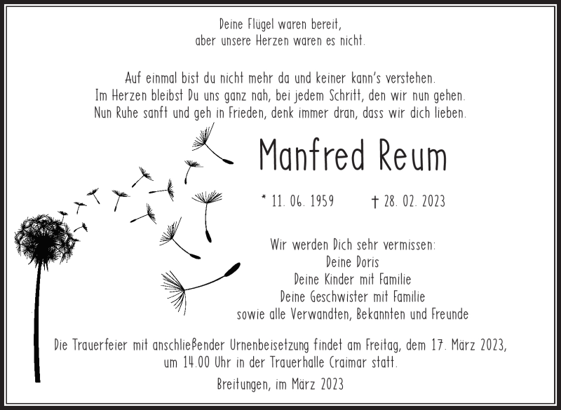  Traueranzeige für Manfred Reum vom 11.03.2023 aus Südthüringer Presse