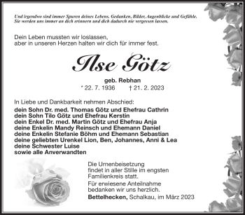 Traueranzeige von Ilse Götz von Südthüringer Presse
