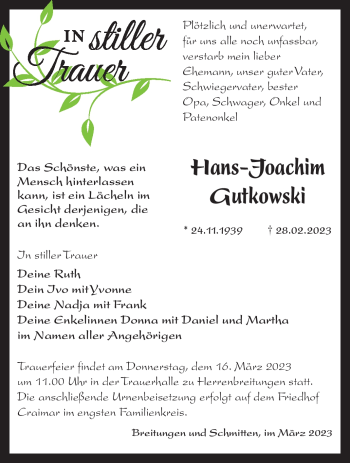 Traueranzeige von Hans-Joachim Gutkowski von Südthüringer Presse