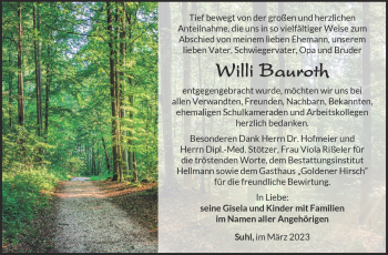 Traueranzeige von Willi Bauroth von Südthüringer Presse