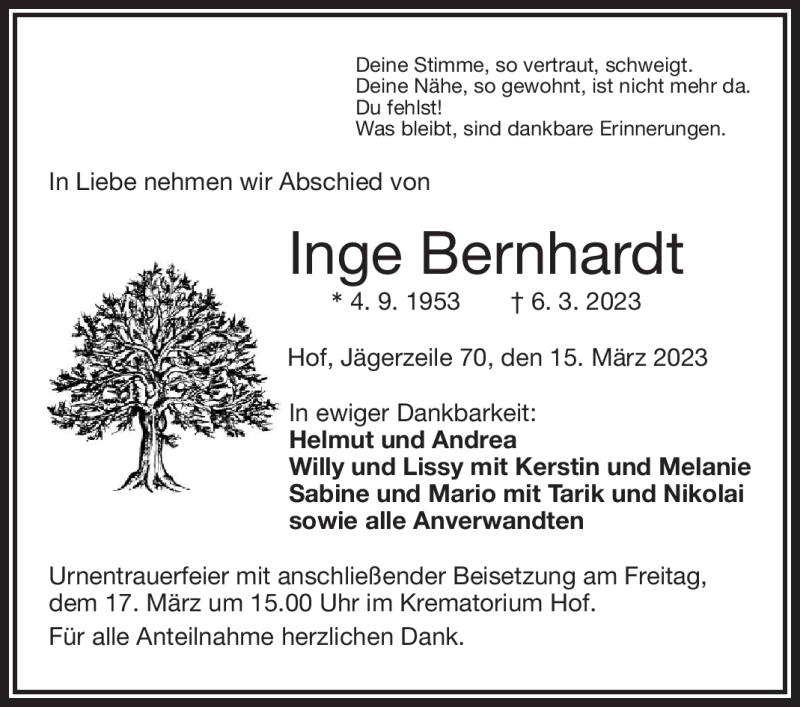  Traueranzeige für Inge Bernhardt vom 15.03.2023 aus Frankenpost