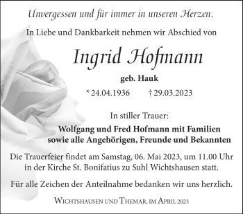 Traueranzeige von Ingrid Hofmann von Südthüringer Presse