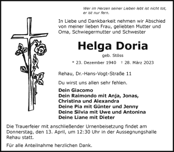 Traueranzeige von Helga Doria von Frankenpost