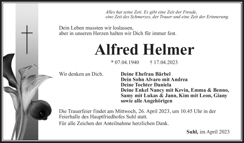  Traueranzeige für Alfred Helmer vom 22.04.2023 aus Südthüringer Presse