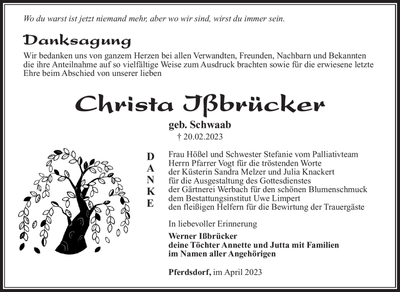  Traueranzeige für Christa Ißbrücker vom 08.04.2023 aus Südthüringer Presse