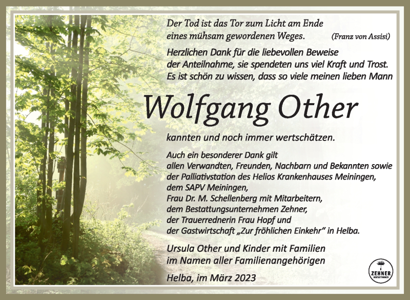  Traueranzeige für Wolfgang Other vom 01.04.2023 aus Südthüringer Presse