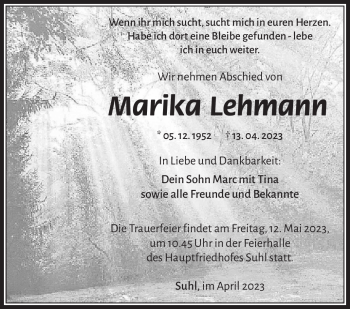 Traueranzeige von Marika Lehmann von Südthüringer Presse