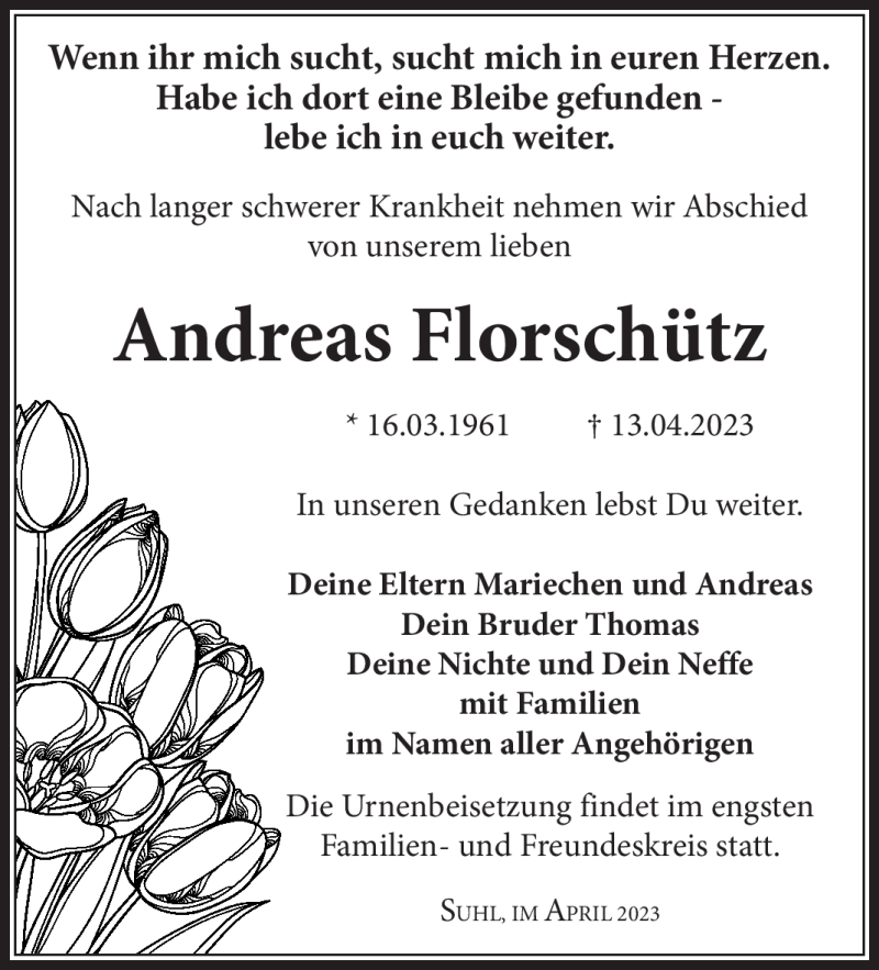  Traueranzeige für Andreas Florschütz vom 29.04.2023 aus Südthüringer Presse