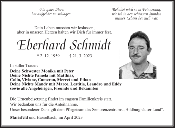 Traueranzeige von Eberhard Schmidt von Südthüringer Presse