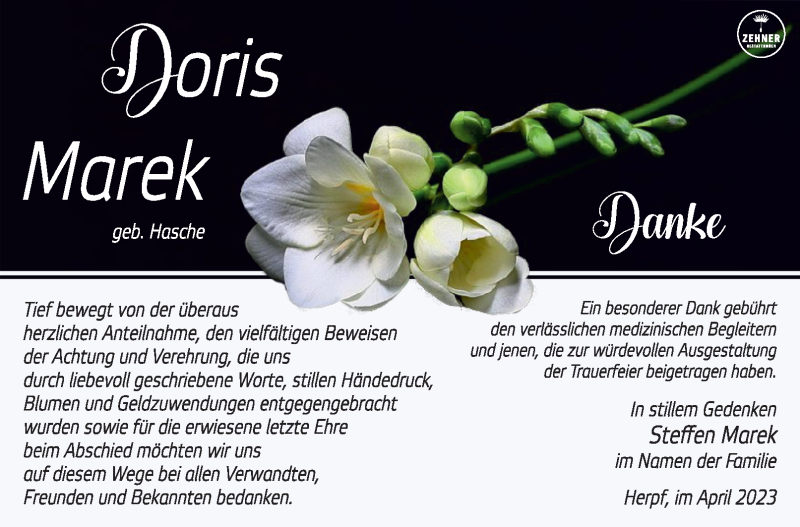  Traueranzeige für Doris Marek vom 01.04.2023 aus Südthüringer Presse