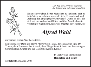 Traueranzeige von Alfred Wahl von Südthüringer Presse