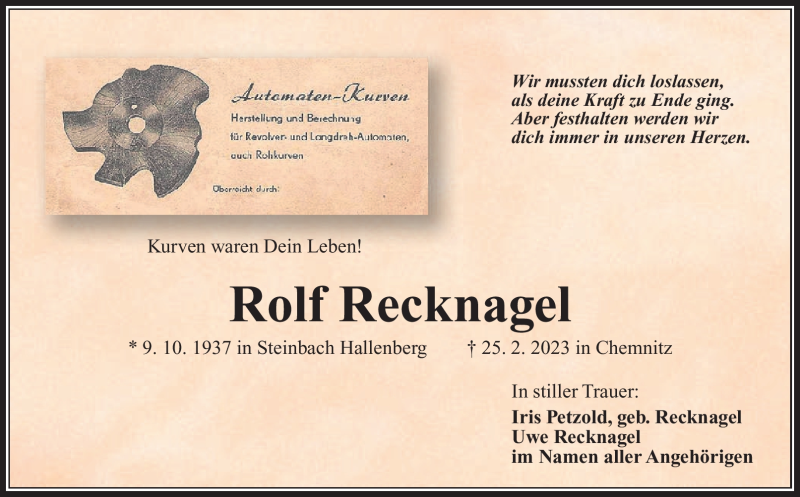 Traueranzeige für Rolf Recknagel vom 08.04.2023 aus Südthüringer Presse