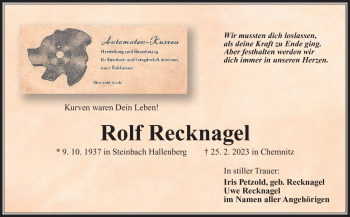 Traueranzeige von Rolf Recknagel von Südthüringer Presse
