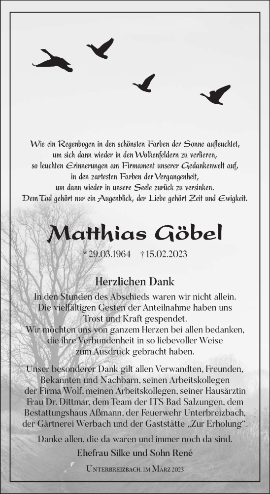  Traueranzeige für Matthias Göbel vom 31.03.2023 aus Südthüringer Presse